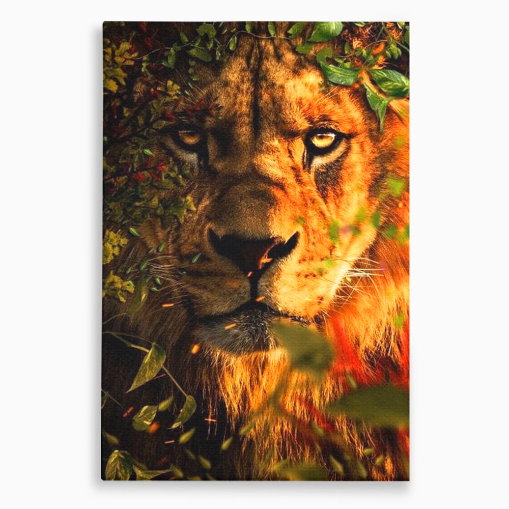 Tablou canvas cu tablou canvas cu leu mascat in frunzis, fara rama, pe sasiu de lemn